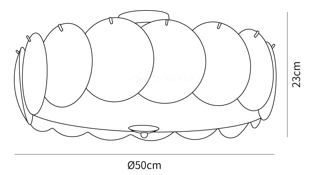 Dimension drawing of the pembridge ceiling light, in outline against white.