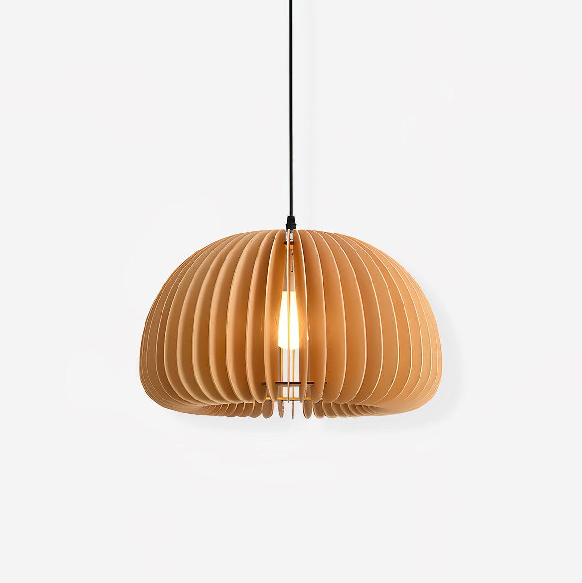 A Clérachic wooden pendant with a rounded dome of vertical natural wood slats and a bare bulb inside, on a plain white backdrop.