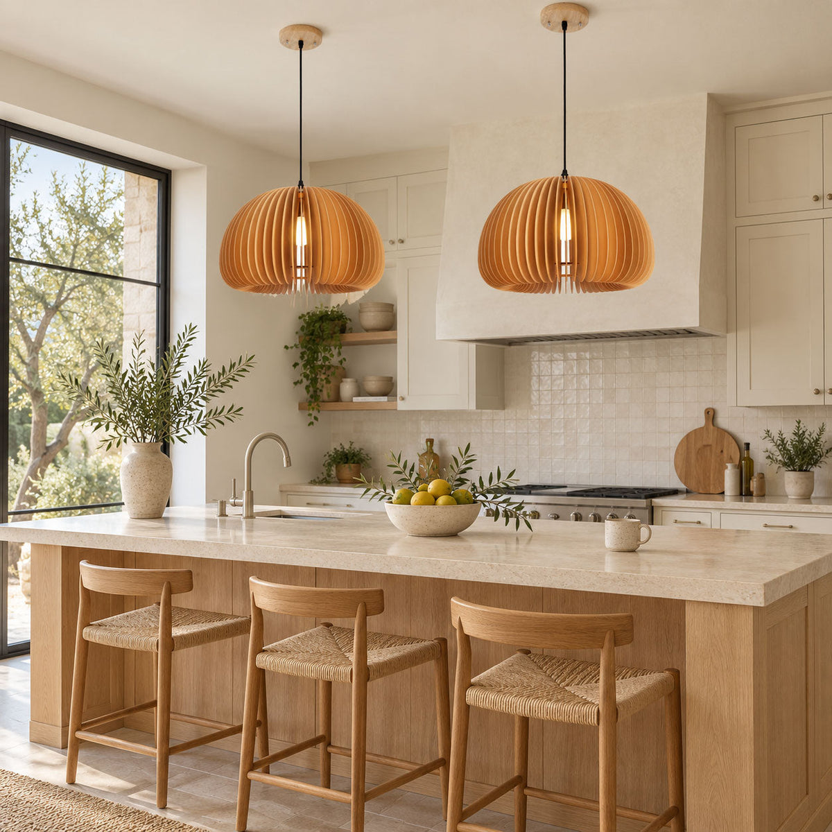 Two Clérachic slatted wood pendants lit over a pale kitchen island with woven-seat stools, a stone counter and a tall window.