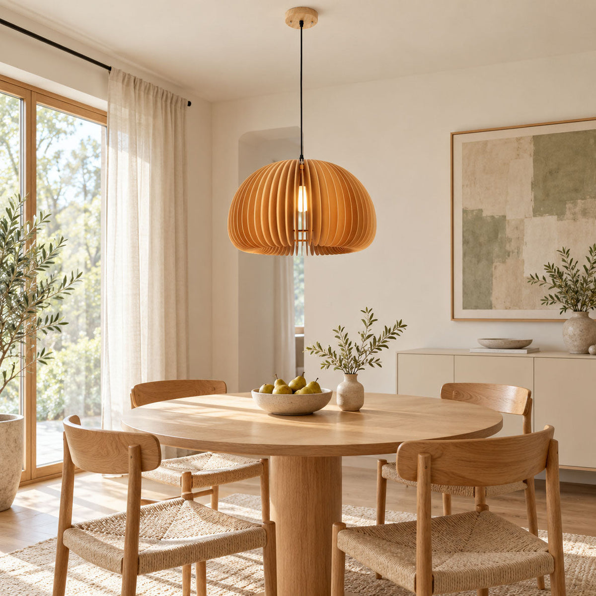 This Clérachic slatted pendant hangs over a round wooden table with woven-seat chairs, beside a sheer curtain and a window.