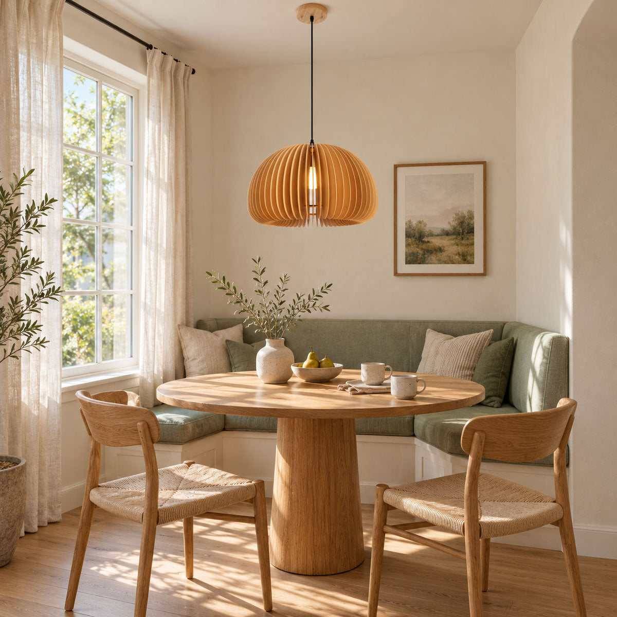 Natural wood Clérachic pendant above a round pedestal table in a breakfast nook with a sage green bench and a framed landscape.