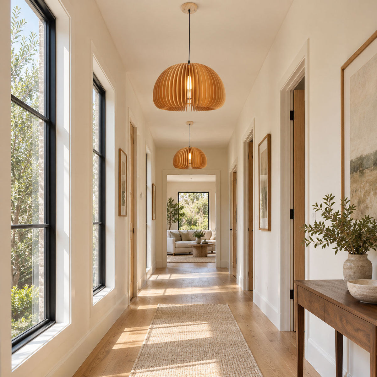 Two Clérachic wooden pendants hung one behind the other down a bright hallway with black-framed windows and a runner rug.