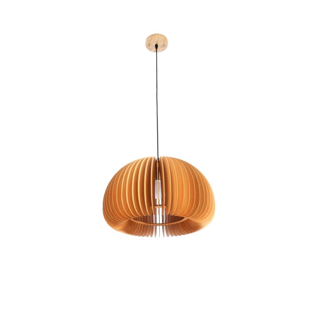 Full-length view of this Clérachic slatted pendant on a black cord and a round wooden ceiling plate, on a white backdrop.
