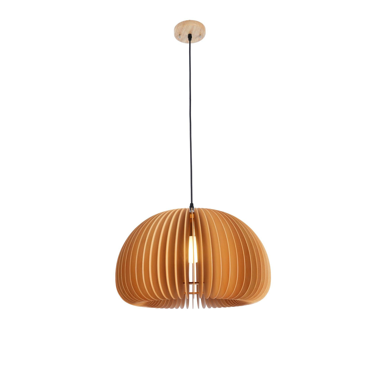 This Clérachic slatted pendant on a black cord and wooden ceiling plate, hung full length on a white backdrop.