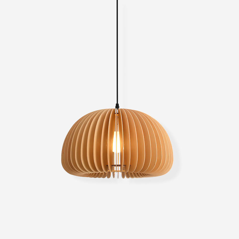 Clérachic slat pendant in natural wood on a pale grey-white backdrop, with its slats evenly spaced around a lit bulb.