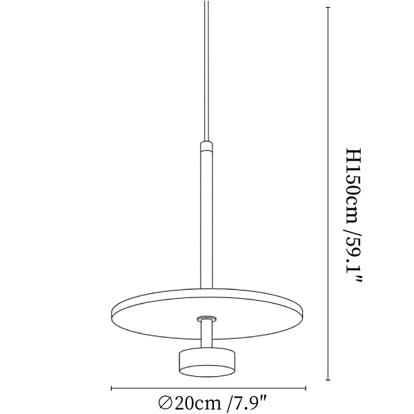 Clérachic pendant light dimension drawing, every measurement marked in centimetres and inches.