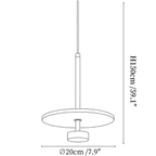 Clérachic pendant light dimension drawing, every measurement marked in centimetres and inches.