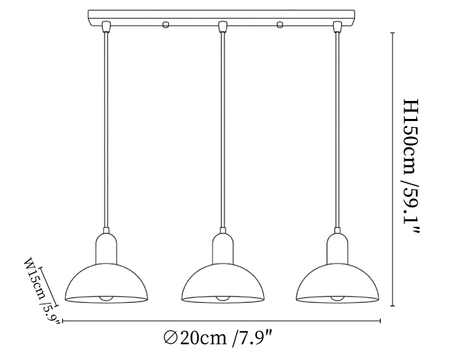 Clérachic pendant light dimension drawing, every measurement marked in centimetres and inches.