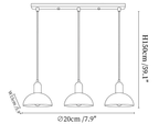 Clérachic pendant light dimension drawing, every measurement marked in centimetres and inches.
