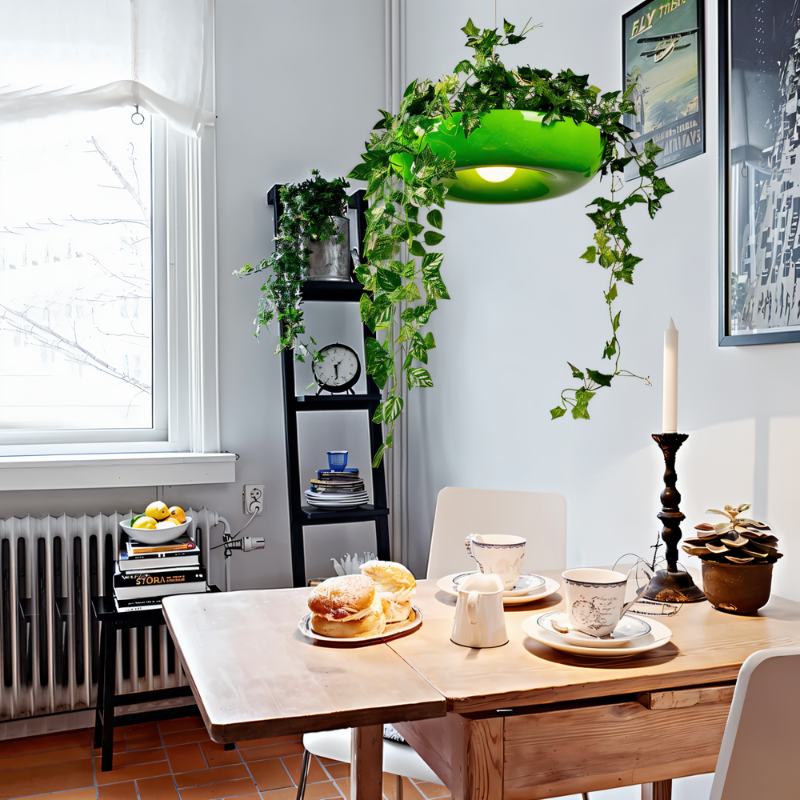 Clérachic green planter-style pendant with trailing ivy hung above a pine table set for coffee, beside a window and radiator.