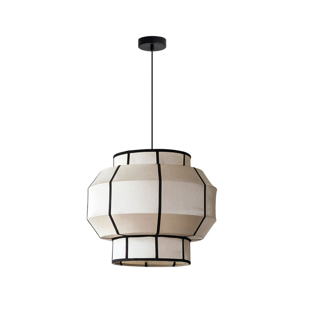 This Clérachic pendant's tiered barrel shade, ribbed in black, is shown on a plain backdrop.