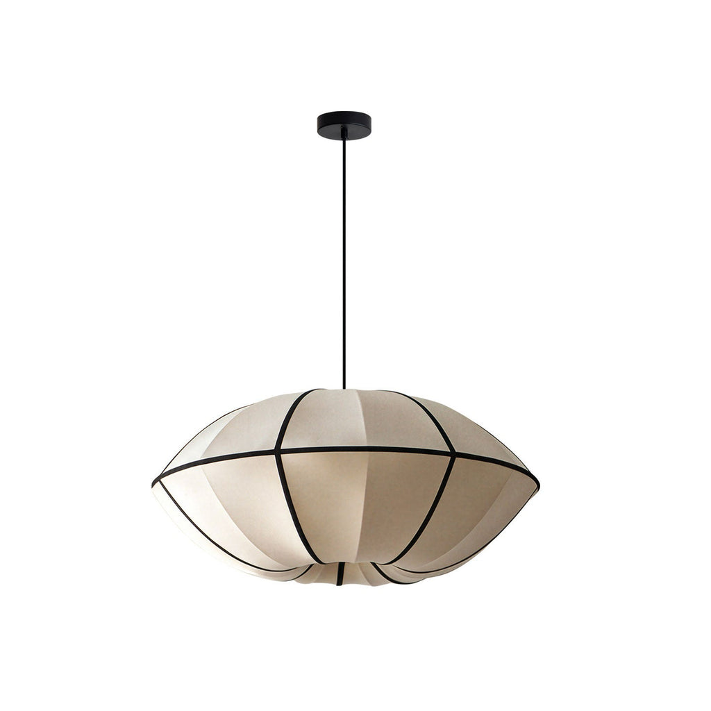 This Clérachic pendant's wide dome shade, ribbed in black, is shown on a plain backdrop.