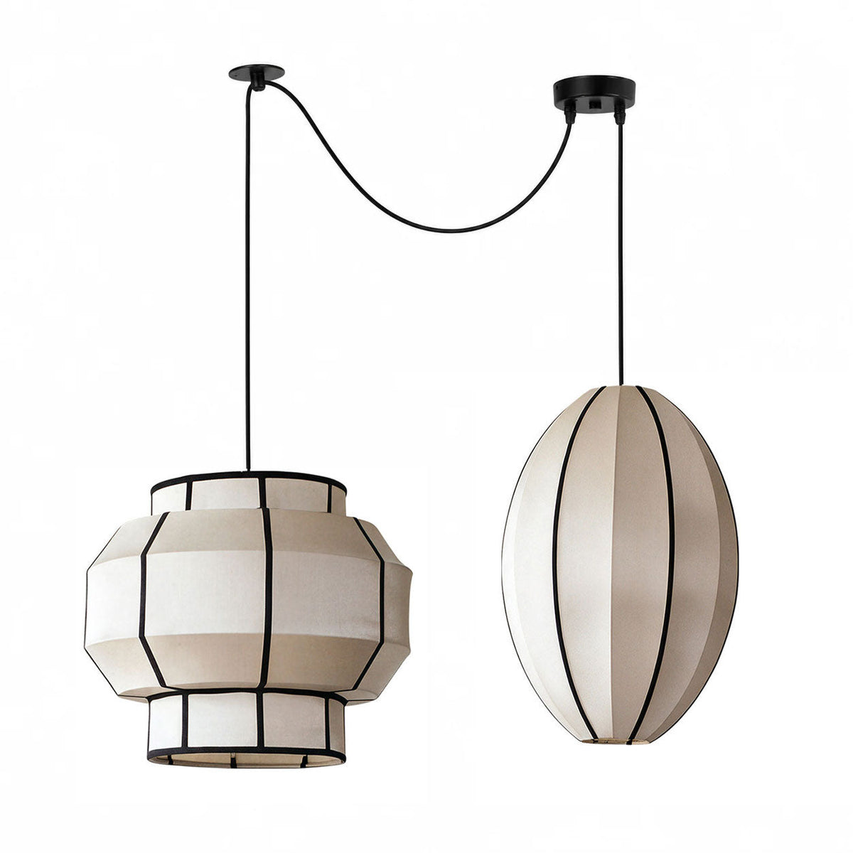 This Clérachic fixture pairs a tiered barrel shade with a vertical oval shade on crossed cords.