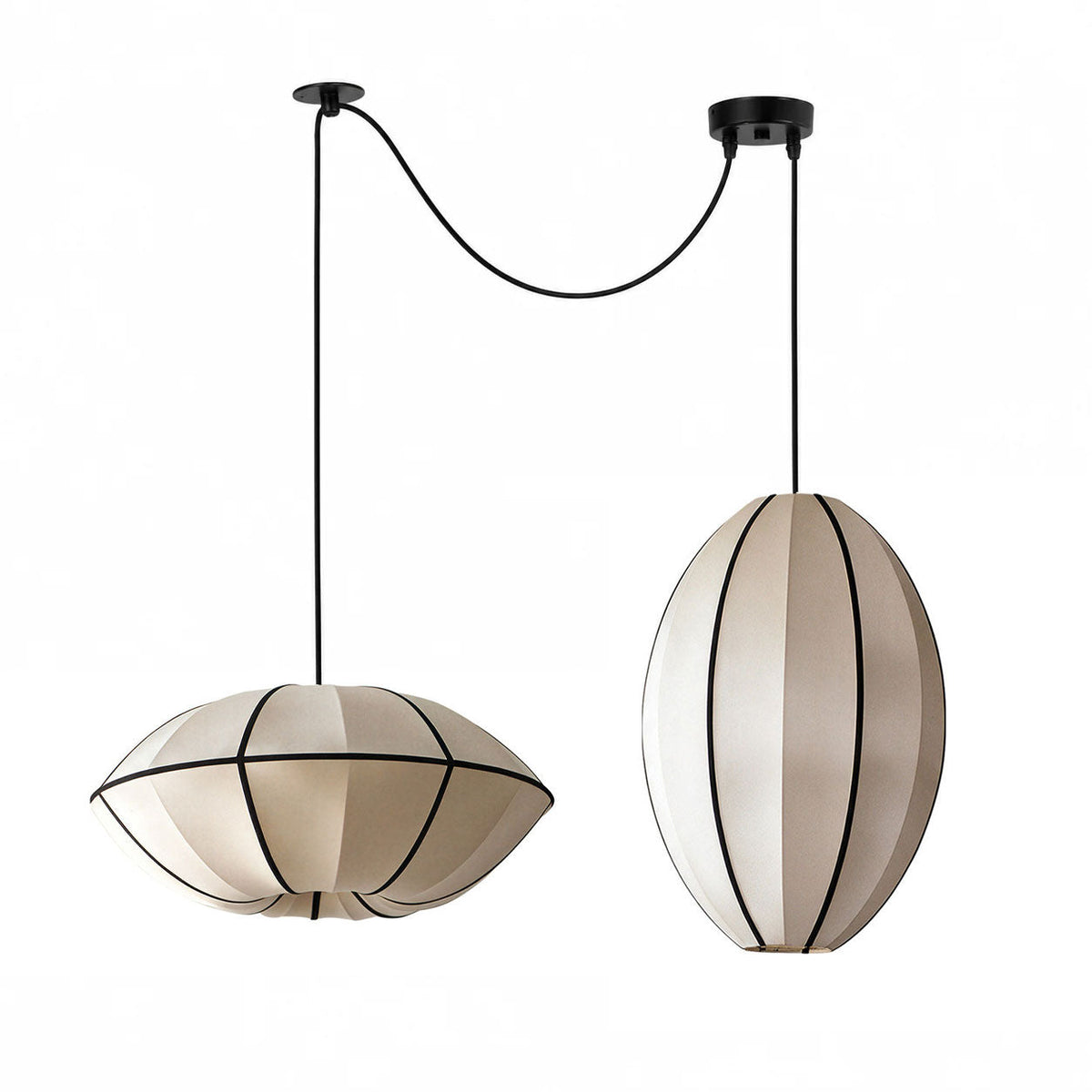 This Clérachic fixture pairs a vertical oval shade with a wide dome shade on crossed cords.