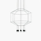 Black cable wireframe pendant forming an octagonal cage, with a cluster of small black lights hanging below, on a plain white backdrop, from Clérachic.