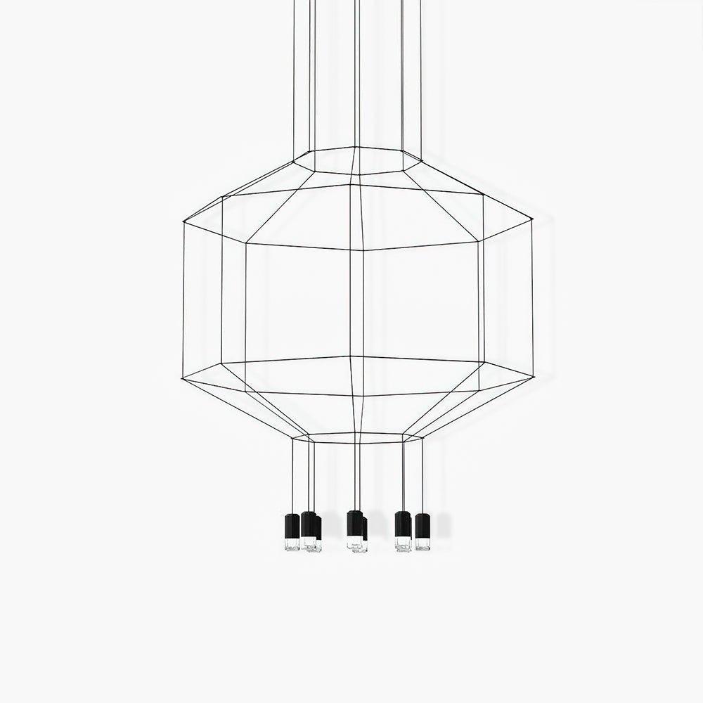Black cable wireframe pendant forming an octagonal cage, with a cluster of small black lights hanging below, on a plain white backdrop, from Clérachic.