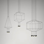 Three Clérachic wireframe pendants in a cone, cube and octagon shape, each with small black lights, on a grey studio backdrop.