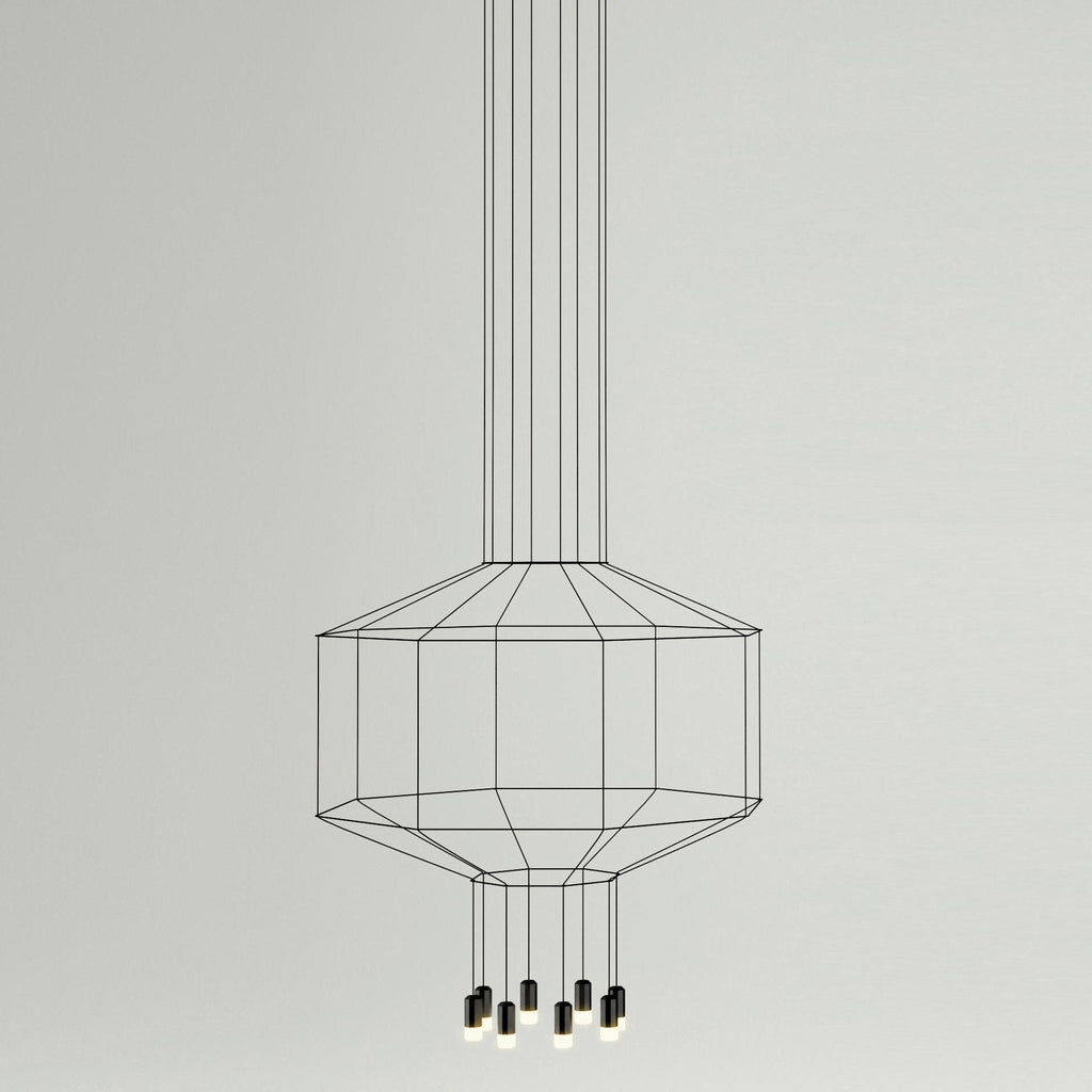 Wide octagonal cable cage on long suspension cables, with eight small lights at the base, on a pale grey backdrop, from Clérachic.