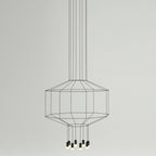 Wide octagonal cable cage on long suspension cables, with eight small lights at the base, on a pale grey backdrop, from Clérachic.