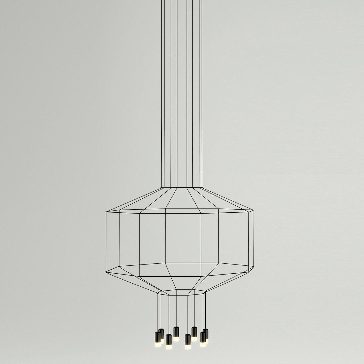 Wide octagonal cable cage on long suspension cables, with eight small lights at the base, on a pale grey backdrop, from Clérachic.