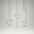 Three Clérachic wireframe pendants in different sizes, from short to tall, hung in a row on a pale studio backdrop.