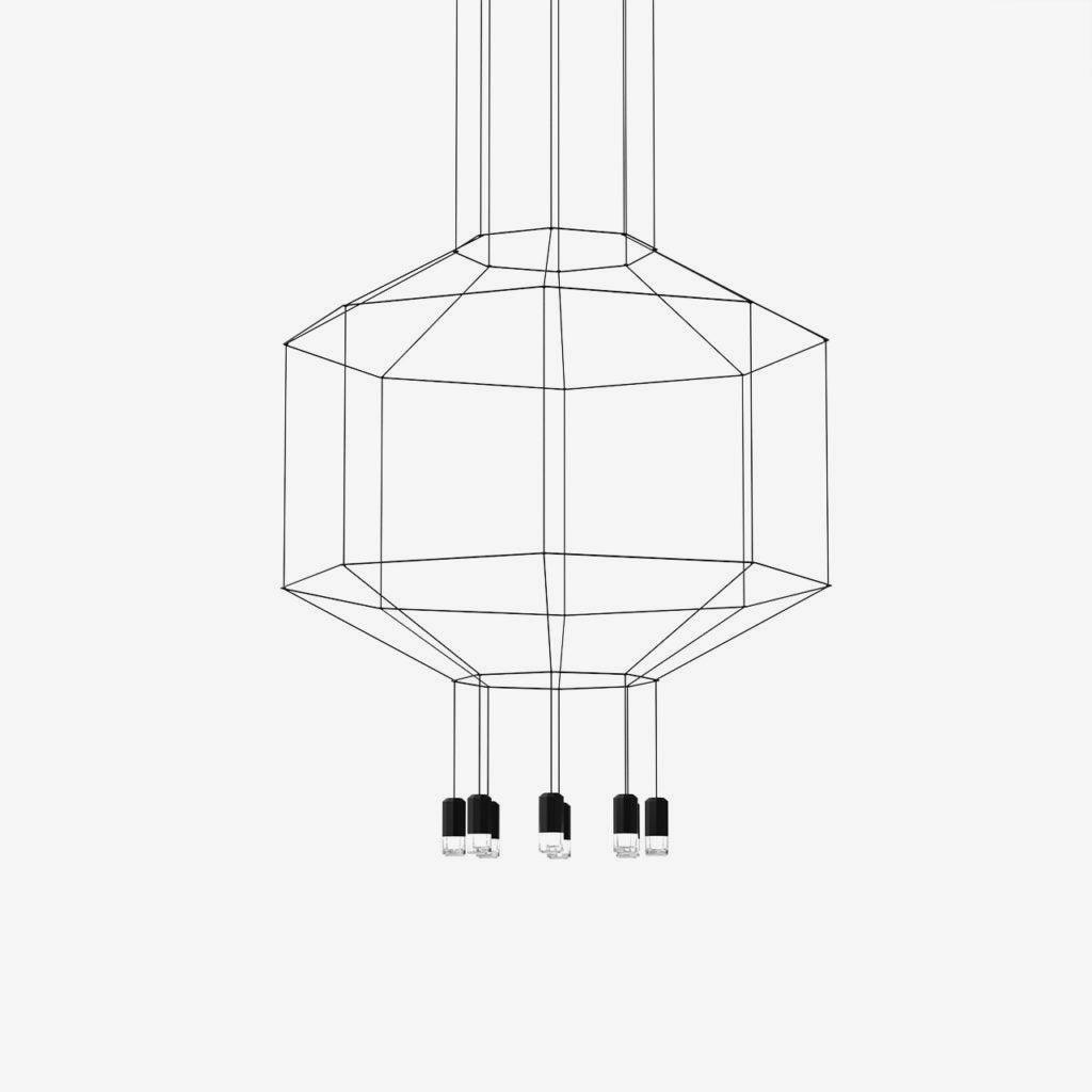 Octagonal wireframe pendant in black cable with a small cluster of lights below, on a white backdrop, from Clérachic.