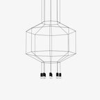 Octagonal wireframe pendant in black cable with a small cluster of lights below, on a white backdrop, from Clérachic.