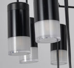 Close view of the black metal light heads and frosted clear diffusers on this Clérachic wireframe pendant.