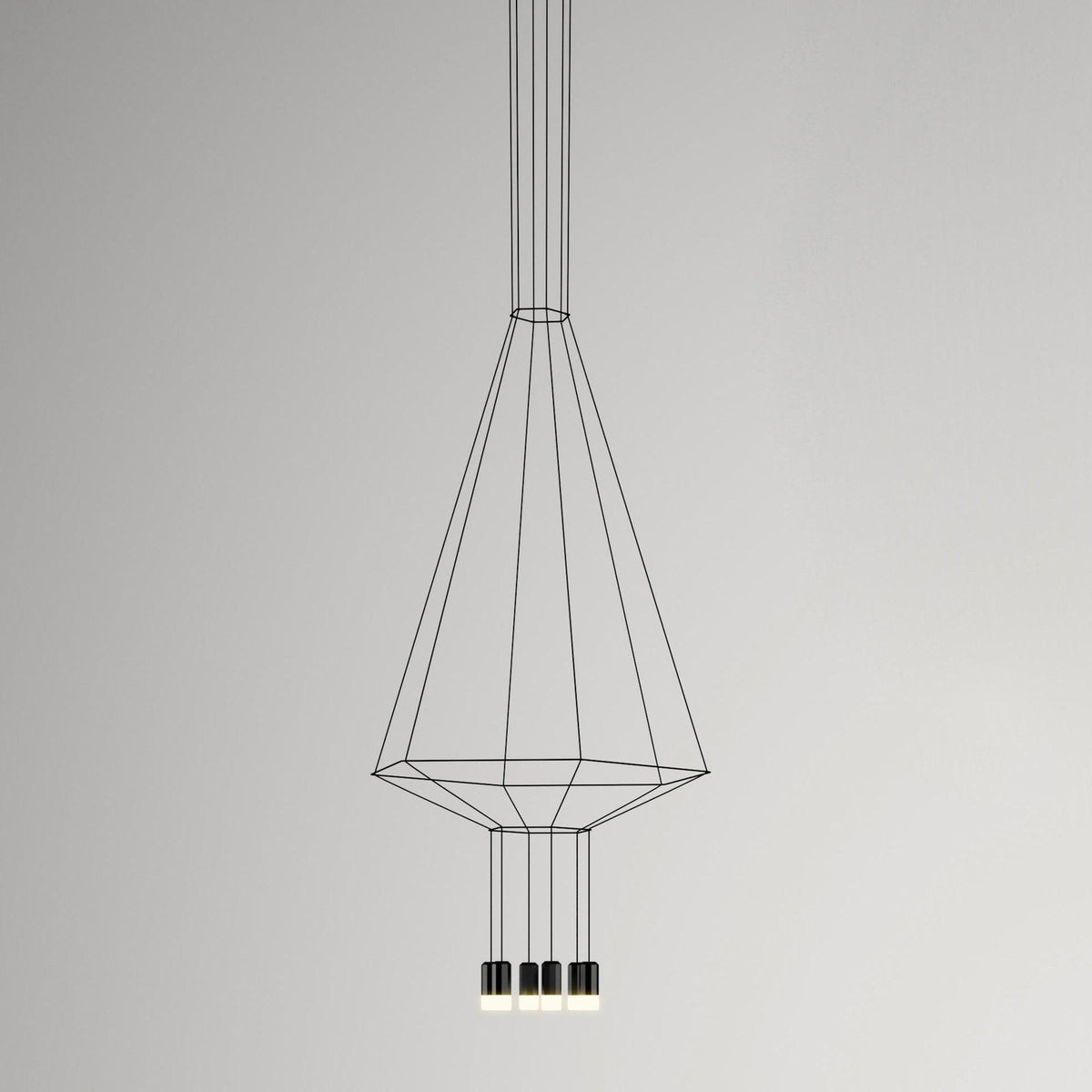 Cone-shaped black cable pendant narrowing to a hexagonal base, with four small lights, on a grey backdrop, from Clérachic.
