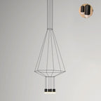 Cone-shaped wireframe pendant with four small lights below, on a pale grey backdrop, with a small detail inset, from Clérachic.