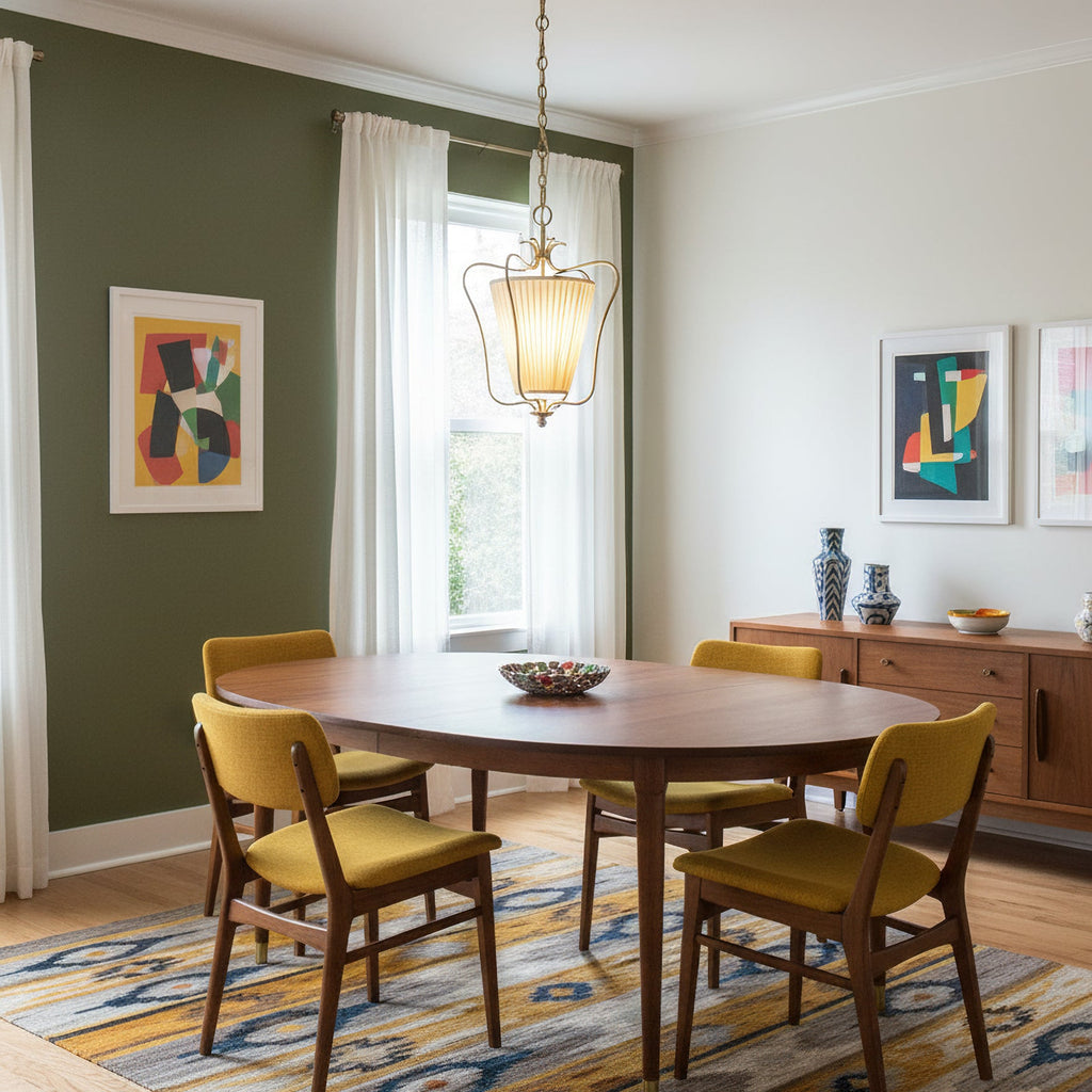 Warm-glowing Clérachic pendant over an oval wooden dining table with mustard chairs, in a room with a green wall and bold framed prints.