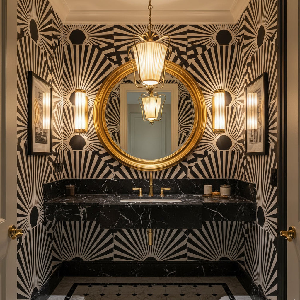 Clérachic pendant beside a round gold mirror in a bathroom with black-and-white sunburst wallpaper and a black marble vanity.