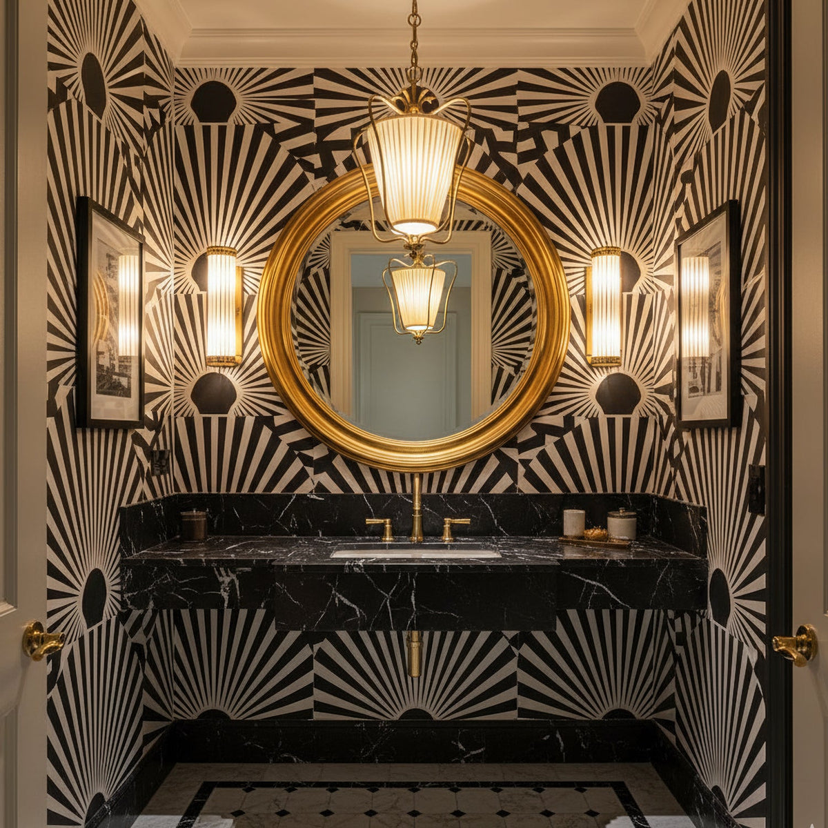 Clérachic pendant beside a round gold mirror in a bathroom with black-and-white sunburst wallpaper and a black marble vanity.