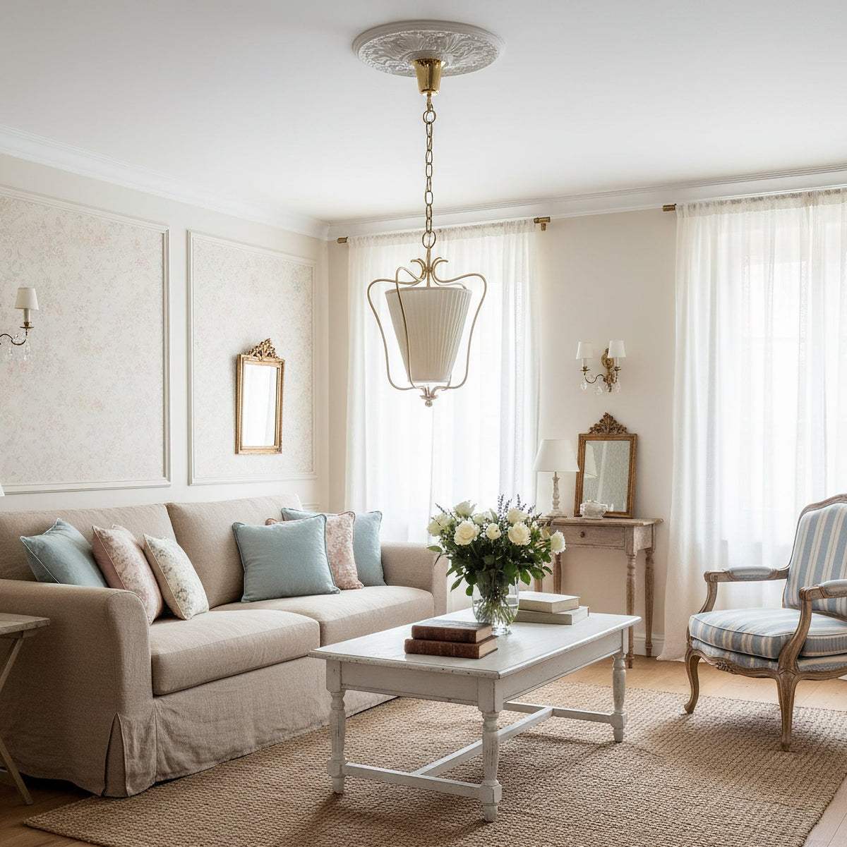 Clérachic pendant with a pleated shade hanging in a cream sitting room, above a white coffee table and a linen sofa.