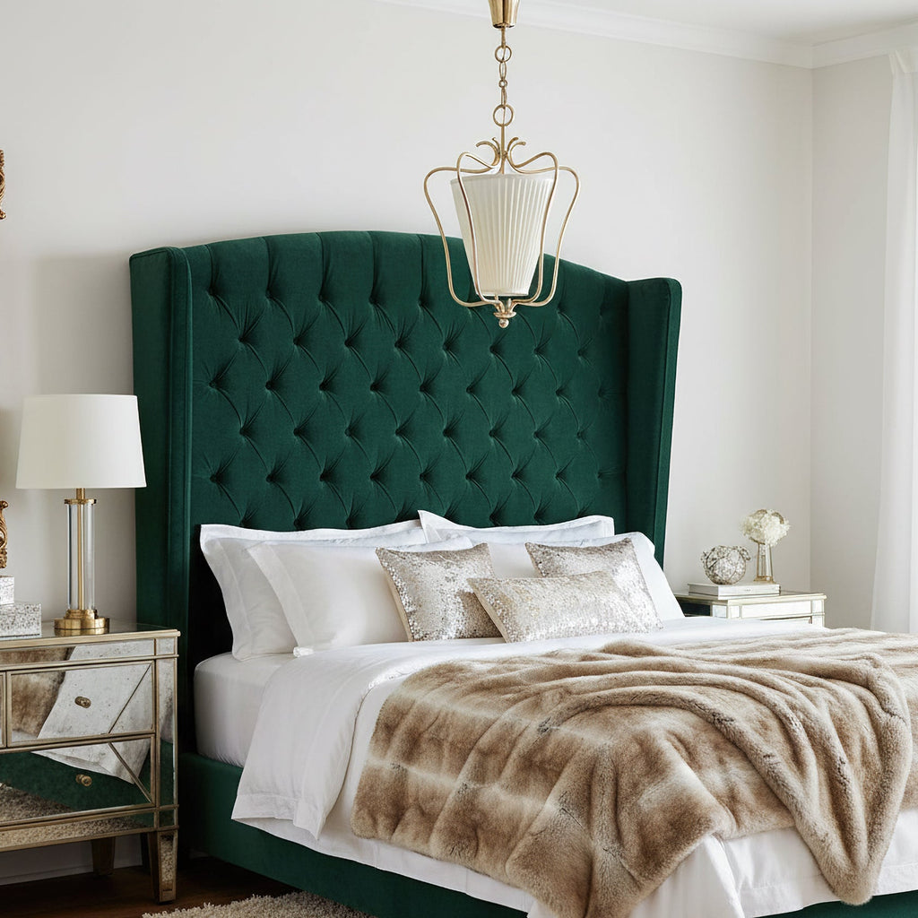 Clérachic brass pendant over a bed with a deep green tufted headboard, white linen and a fur throw.
