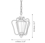 Clérachic pendant light dimension drawing, every measurement marked in centimetres and inches.