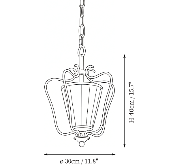 Clérachic pendant light dimension drawing, every measurement marked in centimetres and inches.