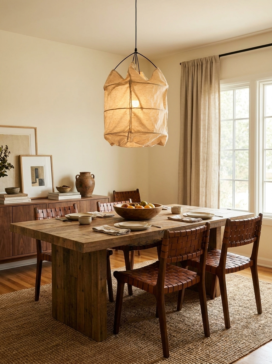 Above a rustic wood dining table, this Clérachic pendant glows beside leather-back chairs and sheer curtains.