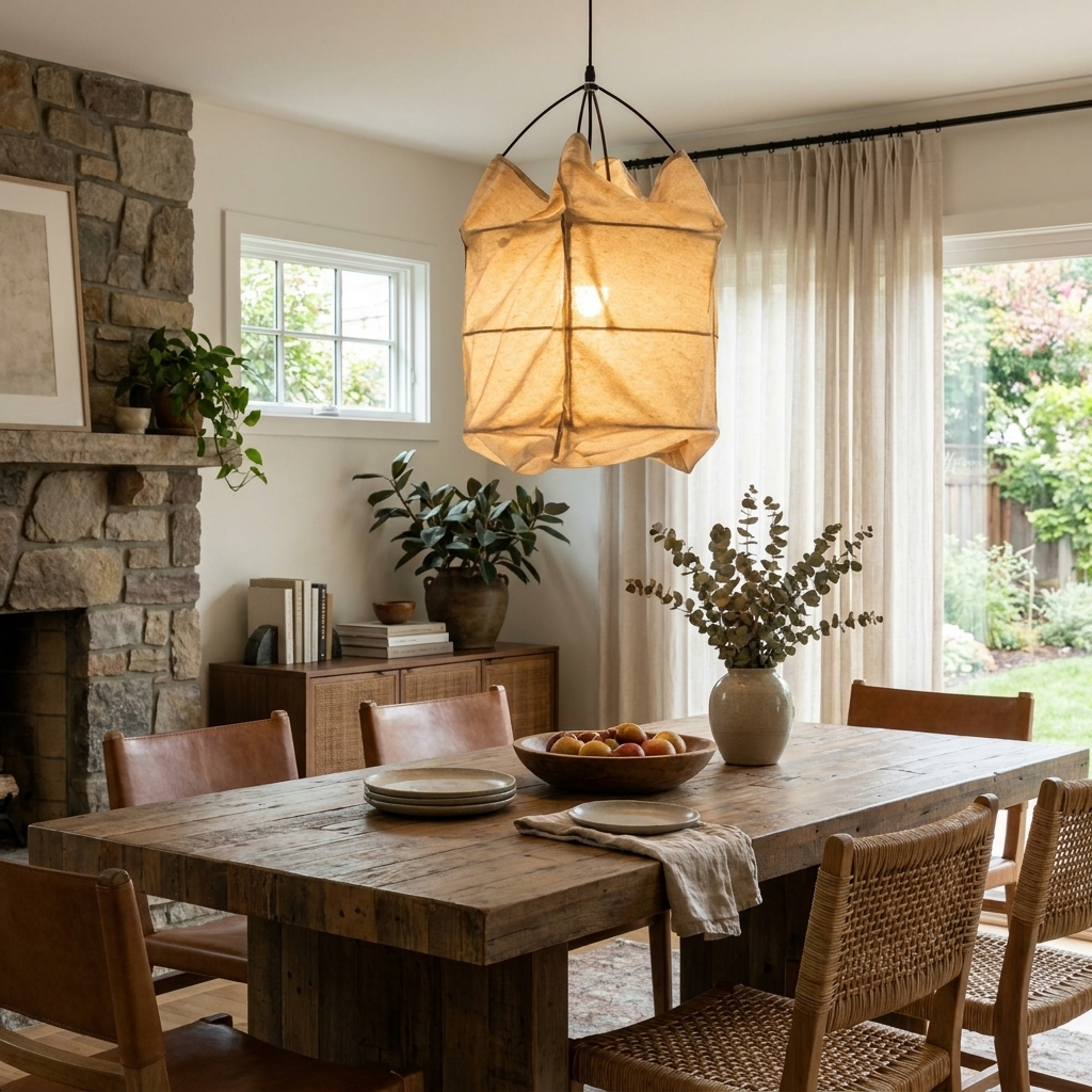 Before a stone fireplace, this Clérachic pendant lights a rustic wood dining table set for a meal.