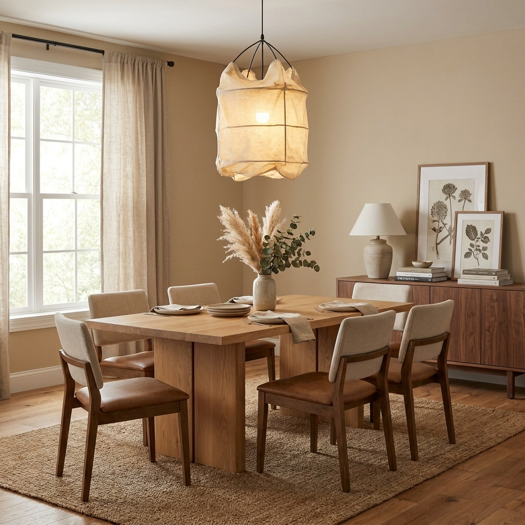 Over a walnut dining table with cream upholstered chairs, this Clérachic pendant glows warm and inviting.