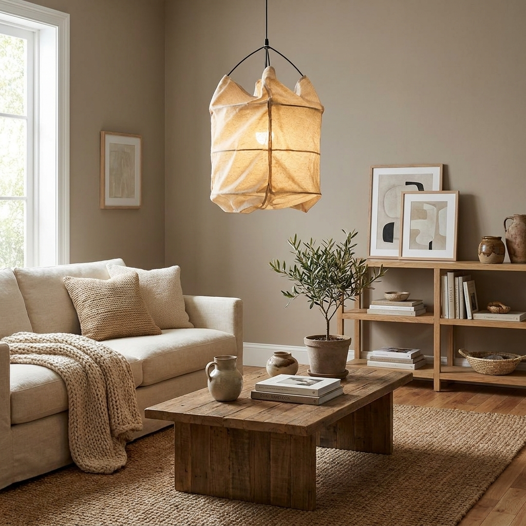 In a neutral-toned living room, this Clérachic pendant hangs lit above a low wood coffee table.