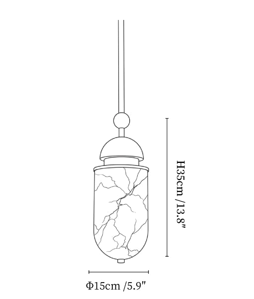 Clérachic pendant light dimension drawing, 1 of 5, every measurement marked in centimetres and inches.