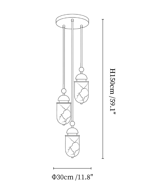 Clérachic pendant light dimension drawing, 2 of 5, every measurement marked in centimetres and inches.