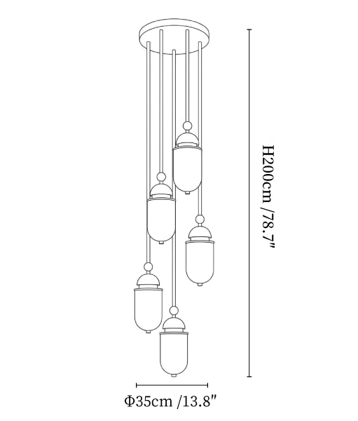 Clérachic pendant light dimension drawing, 3 of 5, every measurement marked in centimetres and inches.