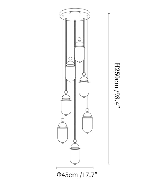 Clérachic pendant light dimension drawing, 4 of 5, every measurement marked in centimetres and inches.
