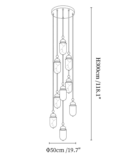 Clérachic pendant light dimension drawing, 5 of 5, every measurement marked in centimetres and inches.