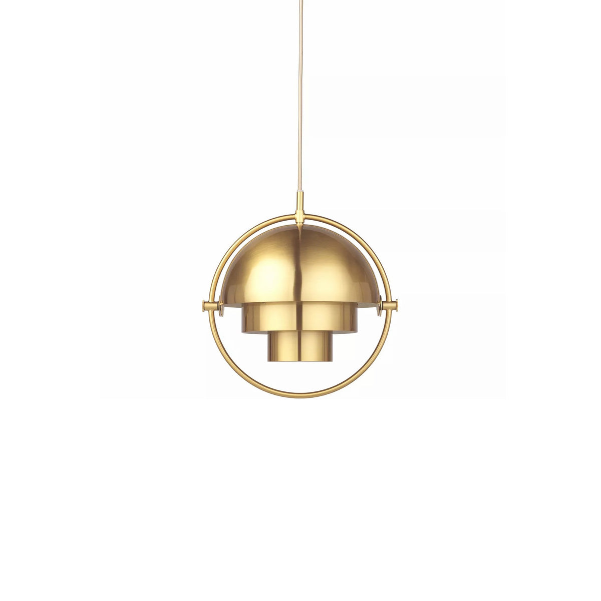 Gold-toned Clérachic pendant in a thin round frame, with the stepped shade layers visible, on a plain white backdrop.