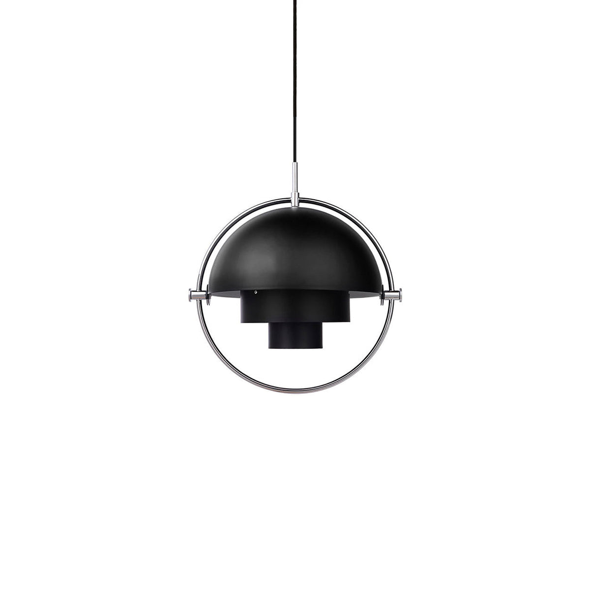 Black Clérachic pendant with a chrome ring and stepped inner cylinders, on a plain white backdrop.