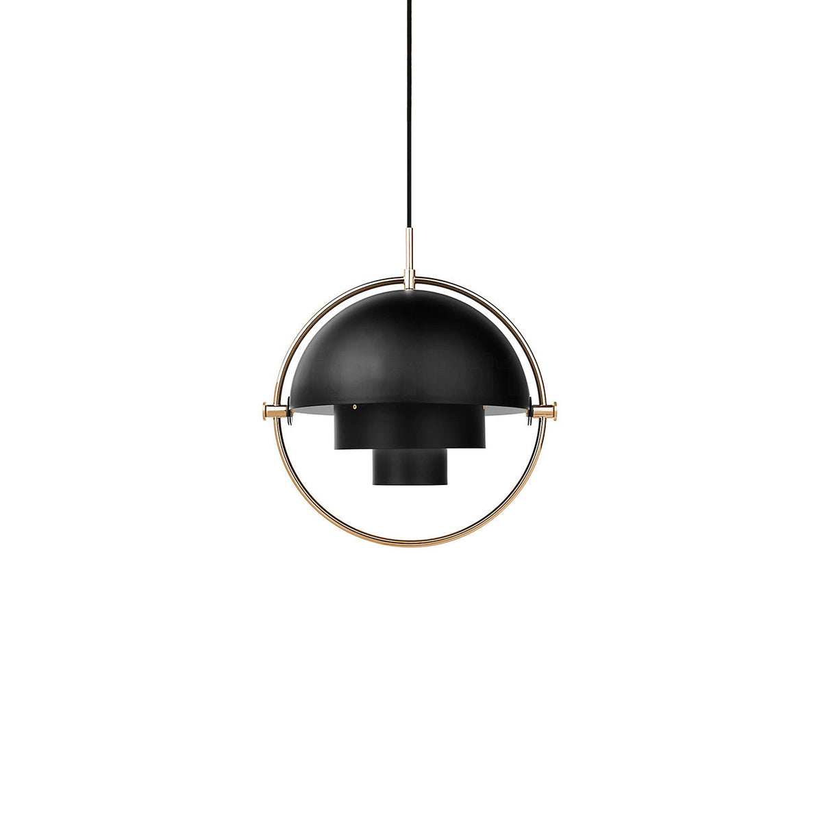 Black Clérachic pendant with a gold ring, hung from a black cord on a plain white backdrop.