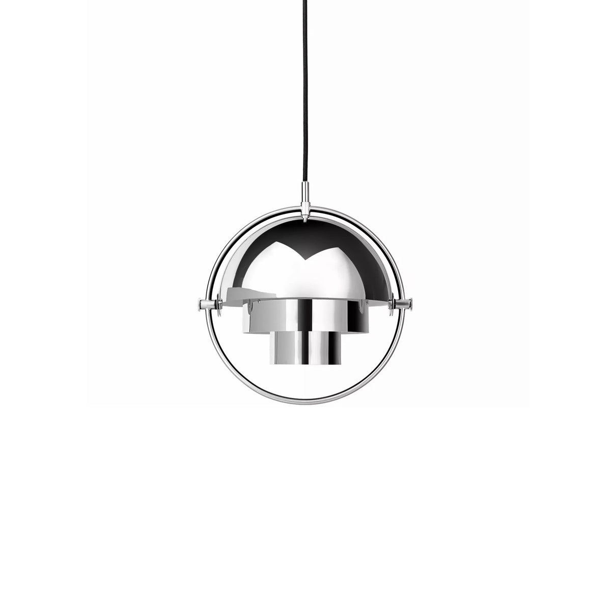 Chrome Clérachic pendant with polished layers inside a chrome ring, on a plain white backdrop.